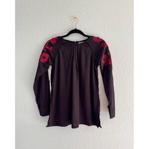 Maria B Cotton Grid Tunic Top Black Red Pink Floral Beaded Embroidered XS